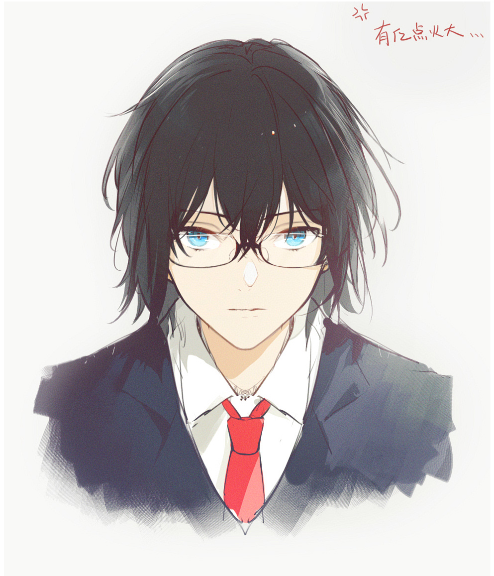 1boy bai_qi-qsr black-framed_eyewear black_hair blue_eyes blue_jacket border chinese_commentary chinese_text closed_mouth coattails collared_jacket collared_shirt commentary_request cropped_torso expressionless eyelashes glasses grey_background hair_between_eyes hori-san_to_miyamura-kun jacket looking_at_viewer male_focus miyamura_izumi necktie red_necktie shirt short_hair simple_background solo translation_request white_border white_shirt