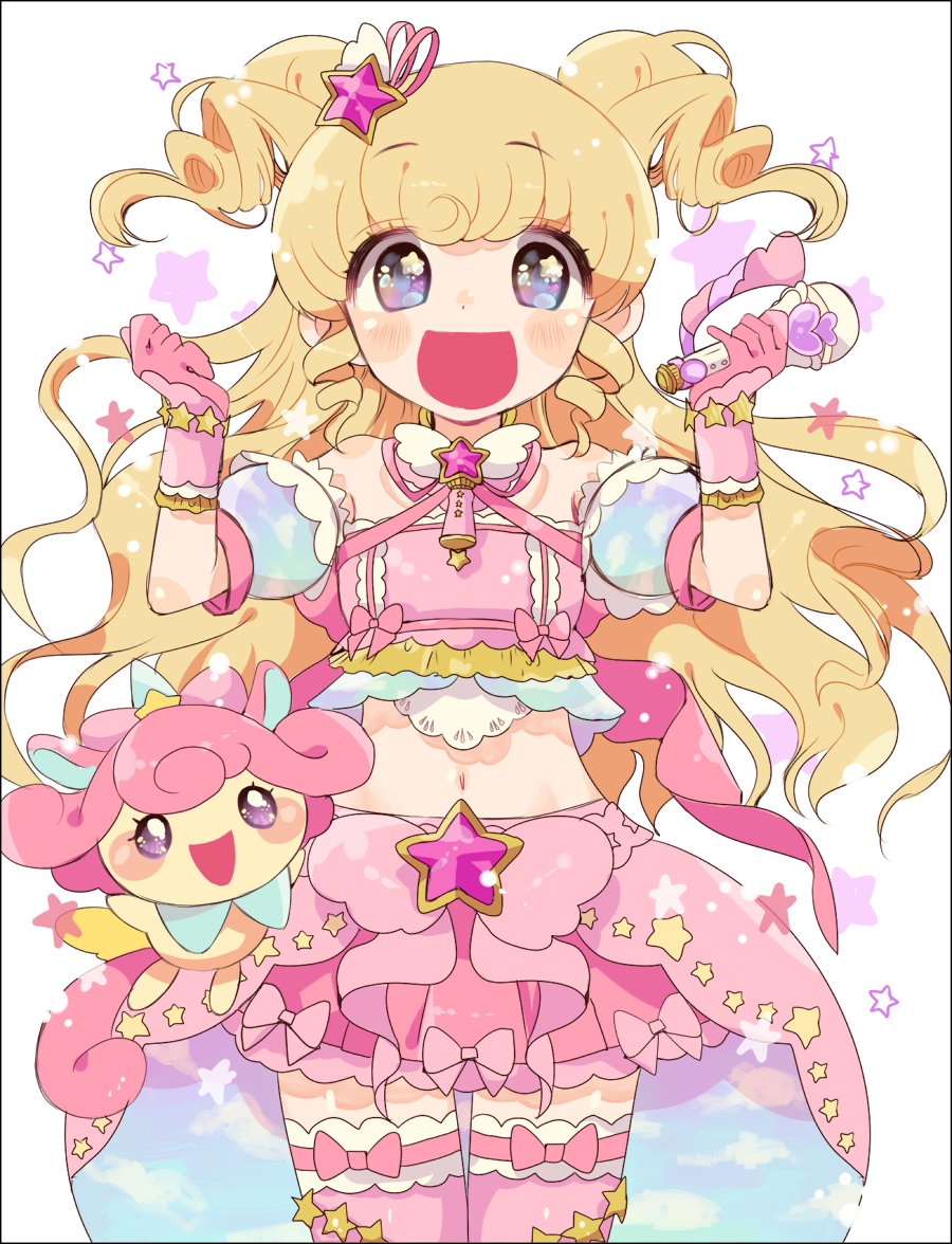 1girl :d bad_id bad_twitter_id blonde_hair commentary_request crop_top detached_sleeves frilled_skirt frills gamera-kanako gloves hair_ornament hands_up holding holding_microphone idol_clothes idol_time_pripara long_hair looking_at_viewer microphone navel open_mouth pink_gloves pink_skirt pink_thighhighs pretty_series pripara puffy_detached_sleeves puffy_sleeves punicorn purple_eyes ringlets skirt smile solo standing star_(symbol) star_hair_ornament thighhighs two_side_up unicorn white_background yumekawa_yui