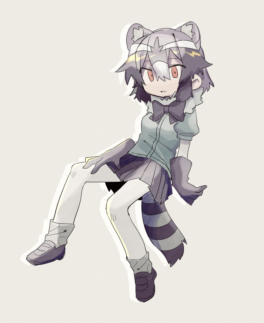 1girl animal_ears bad_id bad_twitter_id black_bow black_bowtie black_footwear black_gloves black_hair black_skirt blue_skirt bow bowtie commentary_request common_raccoon_(kemono_friends) extra_ears full_body fur_collar gloves grey_background grey_hair hair_between_eyes hand_on_own_leg inactive_account invisible_chair jmeysan kemono_friends looking_at_viewer multicolored_hair pantyhose pleated_skirt raccoon_ears raccoon_tail shoes short_hair short_sleeves sitting skirt solo tail white_hair