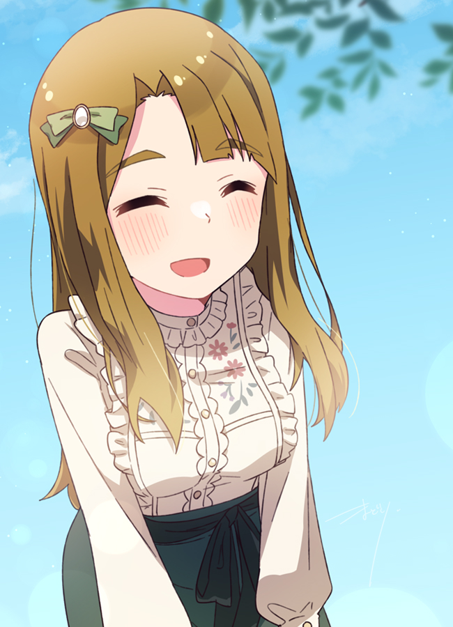 1girl :d blue_sky blush breasts brown_hair closed_eyes cowboy_shot dot_nose floral_print frilled_shirt frilled_shirt_collar frills green_skirt hair_over_shoulder hair_ribbon idolmaster idolmaster_million_live! idolmaster_million_live!_theater_days koma_tori leaning_forward long_hair long_sleeves medium_breasts miyao_miya open_mouth parted_bangs ribbon shirt sidelocks skirt sky smile solo straight_hair thick_eyebrows tree waist_ribbon