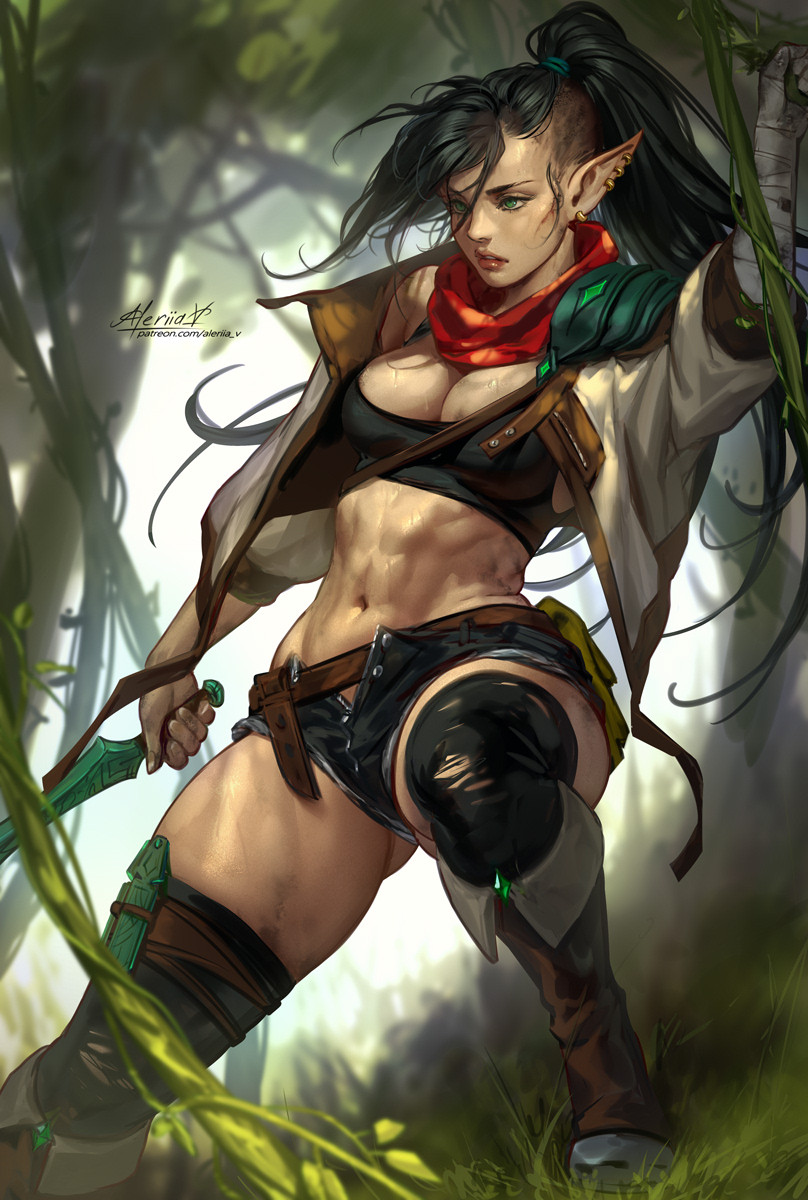 1girl abs aleriia_v artist_name bandaged_arm bandages belt black_hair black_thighhighs breasts cleavage earrings forest green_eyes highres holding holding_weapon jacket jewelry large_breasts lips long_hair nature navel open_clothes open_fly open_jacket original ponytail scarf shorts solo tank_top thighhighs weapon web_address