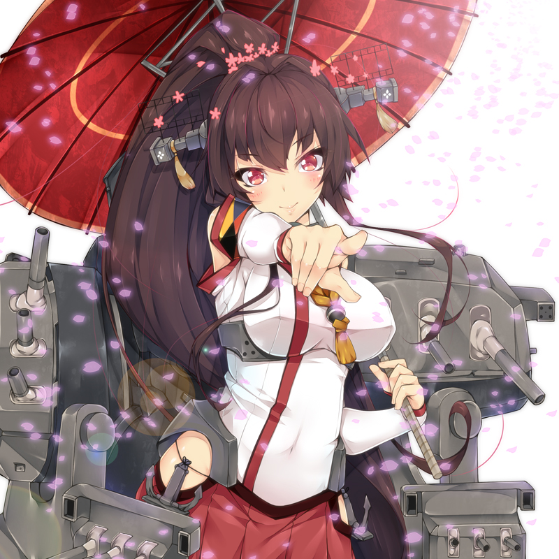 breasts brown_hair cherry_blossoms headgear japanese_clothes kantai_collection large_breasts lens_flare long_hair looking_at_viewer machinery oriental_umbrella pointing ponytail red_eyes red_umbrella smile solo turret umbrella yamato_(kantai_collection) yukinon_(tsuki_koubou)
