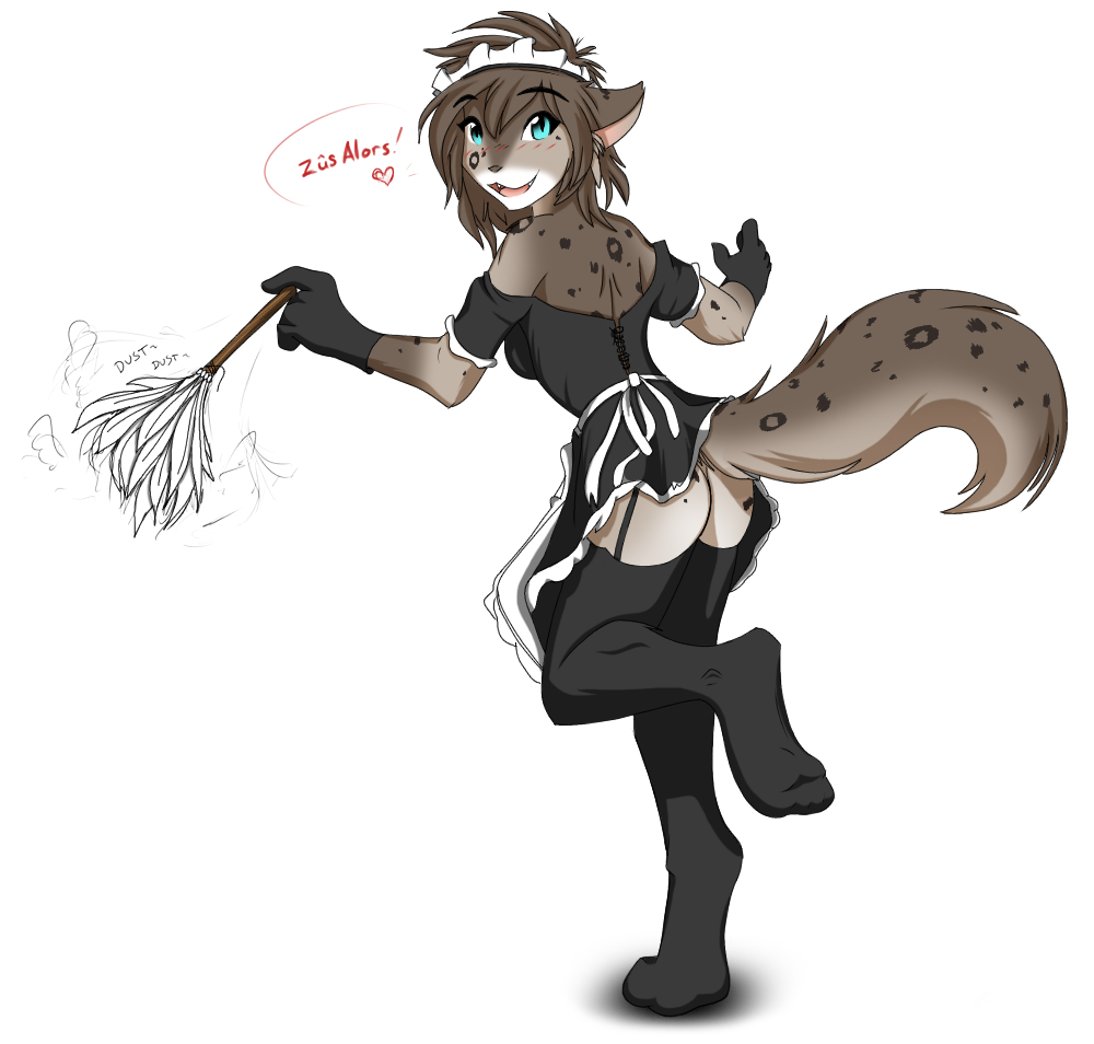 blue_eyes brown_hair butt dusting female fur grey_fur hair hindpaw kathrin_(twokinds) keidran maid maid_uniform open_mouth paws plain_background solo spots standing tom_fischbach twokinds unknown_artist