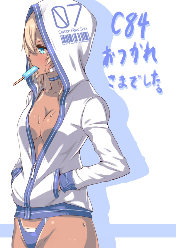 2d blonde_hair blue_eyes breasts choker cleavage food hands_in_pockets hood hoodie large_breasts long_hair mouth_hold original popsicle solo tan tanline