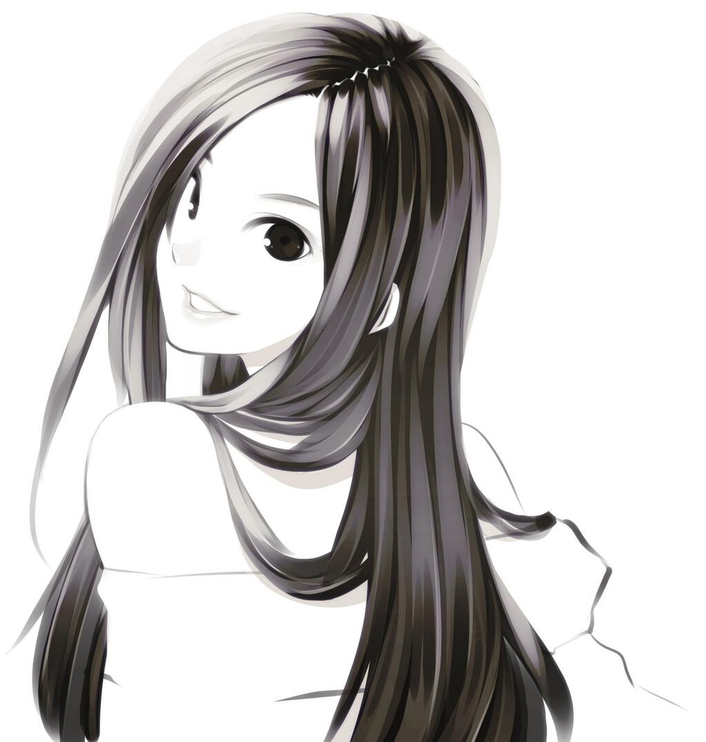 1girl hair_over_shoulder lips long_hair looking_at_viewer looking_back looking_over_shoulder monochrome off-shoulder_shirt original parted_lips poaro shirt simple_background smile solo white_background
