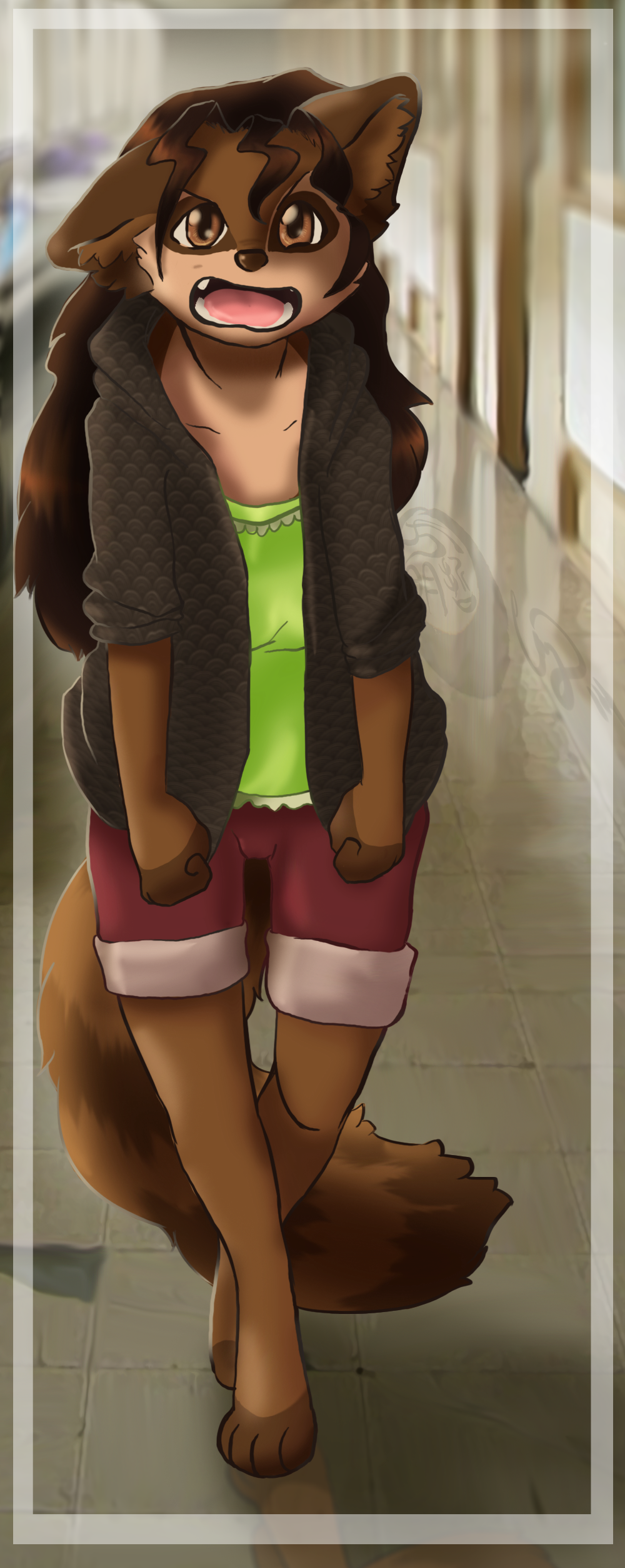 barefoot brown_fur brown_nose cainethelongshot clothed clothing coon female fur hair hoodie invalid_tag long_hair looking_at_viewer maddy madeline mammal open_mouth pouting puff raccoon school shorts solo standing sweater teeth tongue whining