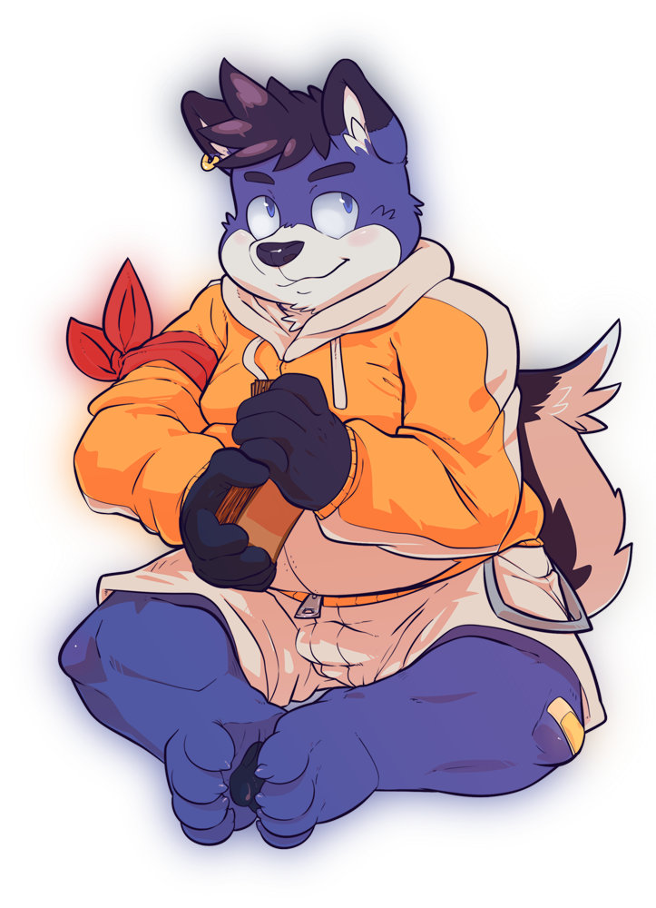 anthro arm_band bandage barefoot black_hair black_nose blue_eyes blue_fur bulge canine cards chubby claws clothed clothing dog ear_piercing fur gazpacho_(artist) hair hindpaw hoodie husky male mammal pants pawpads paws piercing shirt shorts sitting solo white_fur zipper