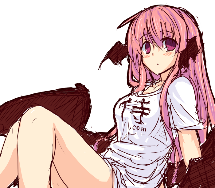 bare_legs bat_wings blush bottomless head_wings koakuma long_hair looking_at_viewer naked_shirt no_pants pandamonium red_eyes red_hair shirt simple_background sketch solo touhou translation_request white_background wings