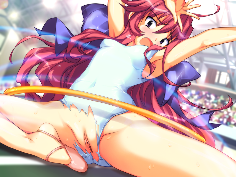 1girl artist_request audience ballet_slippers blush bow emily_(pure_dream) hoop jumping leotard_fairy long_hair midou_asaka public pussy red_hair rolling_star slippers spandex spread_legs torn_clothes uncensored wardrobe_malfunction