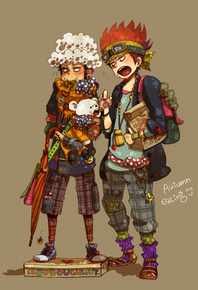 2boys alternate_costume backpack bag bear bepo blue_hair book_bag bow box candy doughnut eating eustass_captain_kid food fringe fuzzy_hat goggles goggles_on_head hat head_scarf headscarf keyring killer_(one_piece) layered_clothes lollipop male male_focus mittens multicolored_legwear multiple_boys nail_polish one_piece patterned_legwear plaid plaid_pants polka_dot red_hair ribbon sano scarf shoes sneakers socks socks_under_sandals standing supernova swirl_lollipop trafalgar_law umbrella younger