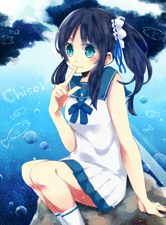blue_eyes blue_hair dress hiradaira_chisaki long_hair nagi_no_asukara ri2431na sailor_dress school_uniform serafuku side_ponytail sitting