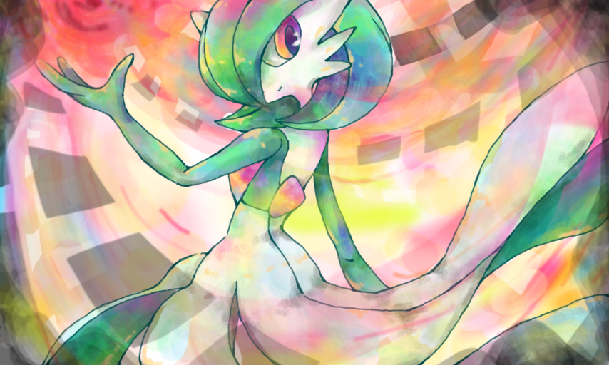 from_behind gardevoir green_hair looking_back nintendo no_humans pokemon pokemon_(game) red_eyes solo