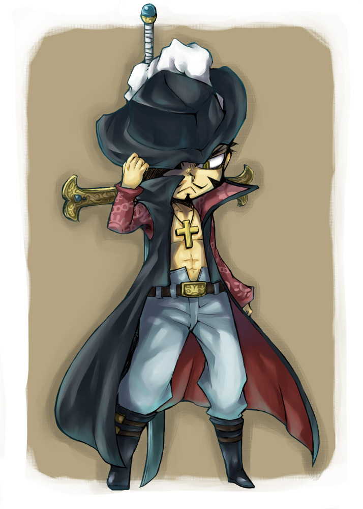 1boy belt black_hat black_shoes chibi chinstrap dracule_mihawk hand_on_hat hand_on_headwear hat hat_feather hat_over_one_eye jacket jewelry lining male male_focus necklace nude_jacket one_piece open_clothes open_jacket popped_collar sheathed_sword shichibukai shoes solo sword weapon