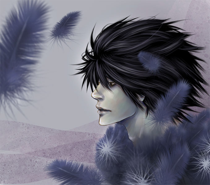 black_hair blue death_note feathers l_(death_note) male_focus realistic sad solo