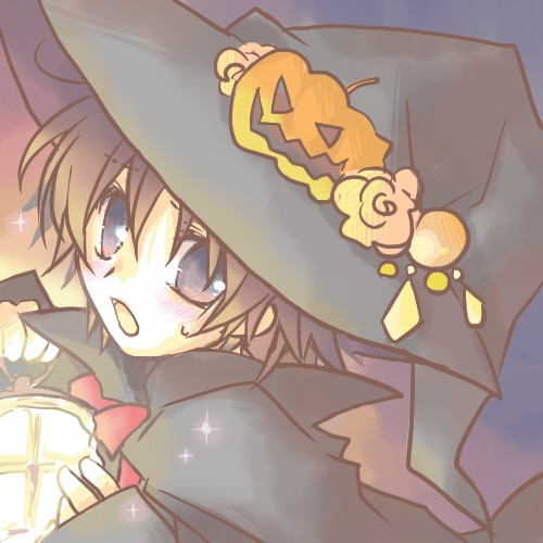 amano food_themed_hair_ornament hair_ornament halloween hat jack-o'-lantern little_busters! lowres male_focus naoe_riki pumpkin pumpkin_hair_ornament solo witch_hat