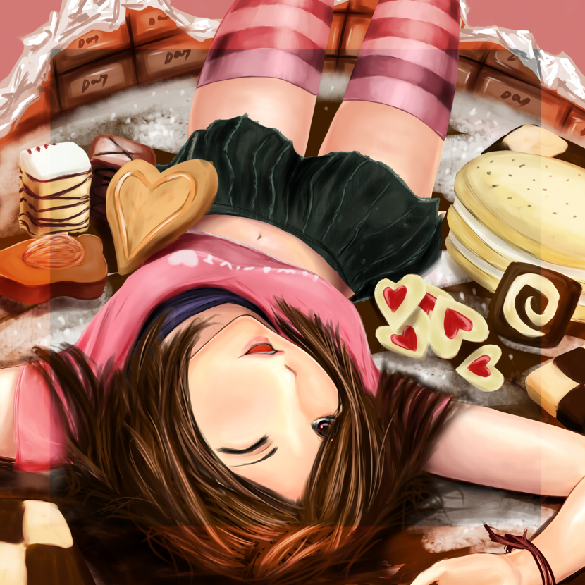 bad_id bad_pixiv_id bracelet brown_eyes brown_hair candy checkerboard_cookie chocolate cookie copyright_request food jewelry jiro lying midriff navel on_back one_eye_closed pink_legwear shirt skirt solo striped striped_legwear t-shirt thighhighs upside-down