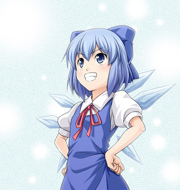 cirno grin hands_on_hips smile solo teeth tomokichi touhou wings