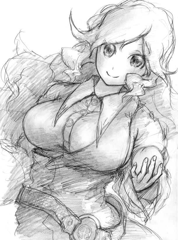 binayu breasts greyscale large_breasts monochrome sketch smile solo touhou watatsuki_no_toyohime