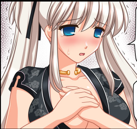 blue_eyes blush breasts cleavage hands_on_own_chest huge_breasts kafu long_hair lowres mabinogi nao_(mabinogi) nervous solo sweatdrop tears twintails white_hair