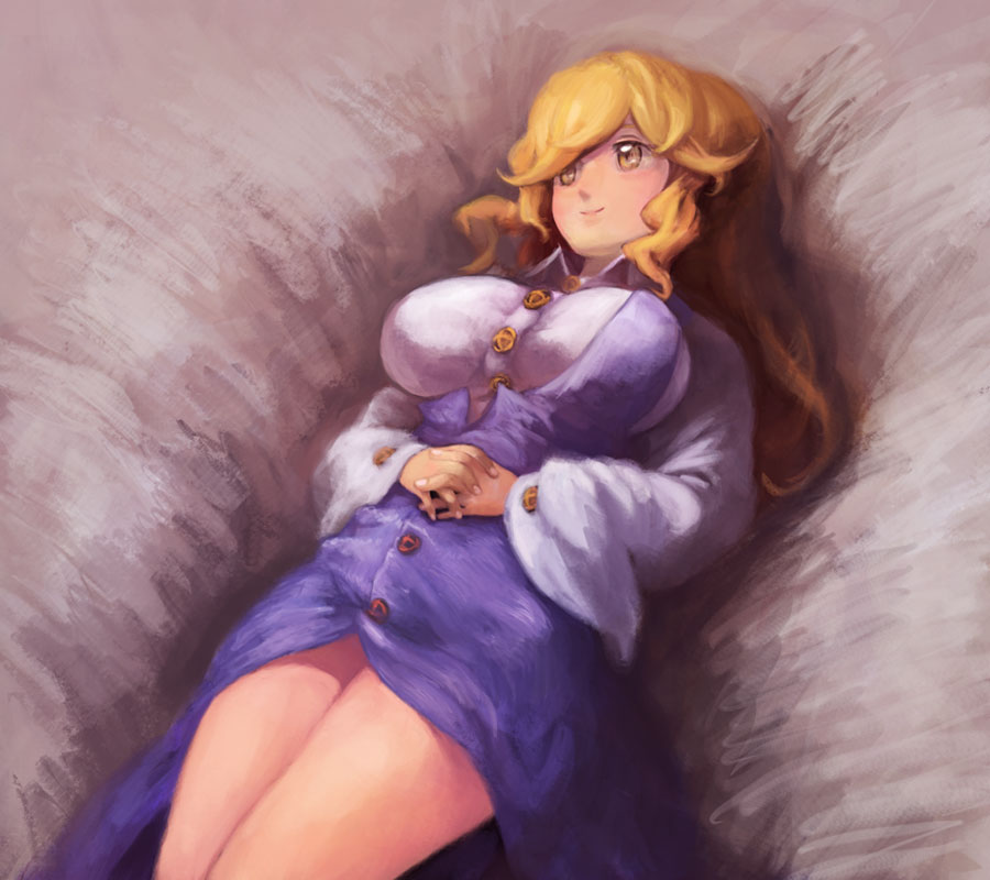binayu blonde_hair breasts hands_clasped large_breasts long_hair lying on_back own_hands_together solo touhou watatsuki_no_toyohime yellow_eyes