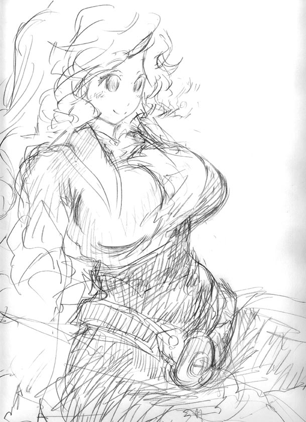 binayu breasts greyscale large_breasts monochrome sketch solo touhou watatsuki_no_toyohime