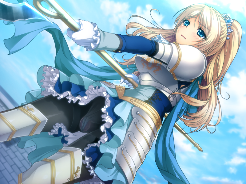 1girl armor blonde_hair blue_eyes blush cloud clouds darklord_(game) discreet_vibrator embarrassed game_cg gloves highres legs long_hair natsuhiko pantyhose ponytail sharurie sky solo standing thighs vibrator weapon
