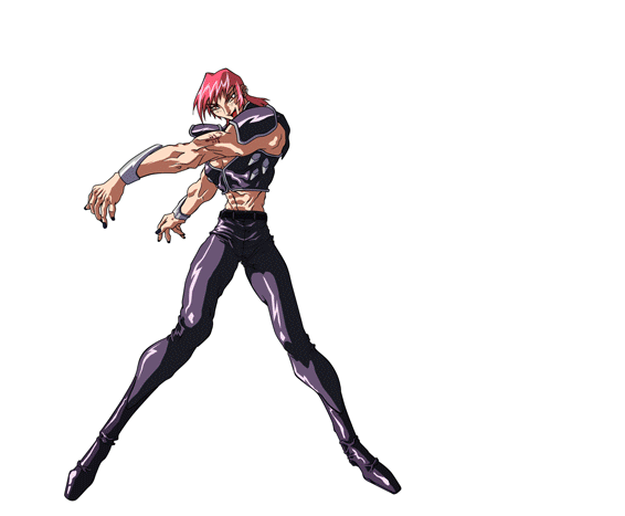 1boy 90s abs animated animated_gif armor bat_wings choujin_gakuen_gowcaizer full_body game hellstinger kash_gyustan male male_focus muscle navel oldschool oobari_masami pink_hair power_suit red_hair solo tattoo wings