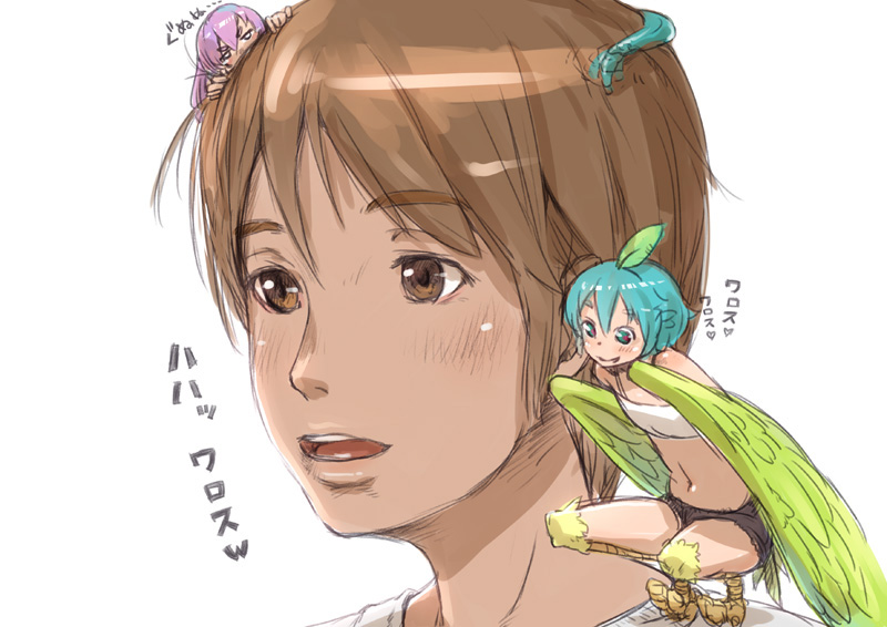 2girls aqua_hair bad_id bad_pixiv_id blush breasts brown_eyes brown_hair feathered_wings feathers green_eyes green_wings harpy harpy_(nukomasu) head hiding lamia midriff minigirl monster_girl multiple_girls navel nukomasu open_mouth original purple_hair short_hair short_shorts shorts simple_background sitting sitting_on_person sitting_on_shoulder small_breasts tail tail_feathers tail_wagging talons tank_top translation_request white_background wings