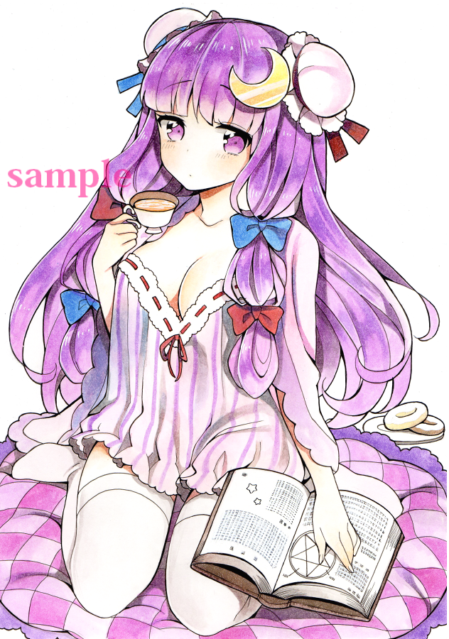 alternate_costume alternate_hairstyle blush book breasts bun_cover chemise cleavage crescent crescent_hair_ornament cup double_bun grimoire hair_ornament long_hair looking_at_viewer medium_breasts mugicha_(mugicha0929) open_book patchouli_knowledge pentagram purple_eyes purple_hair sample solo tea teacup thighhighs touhou traditional_media watercolor_(medium)