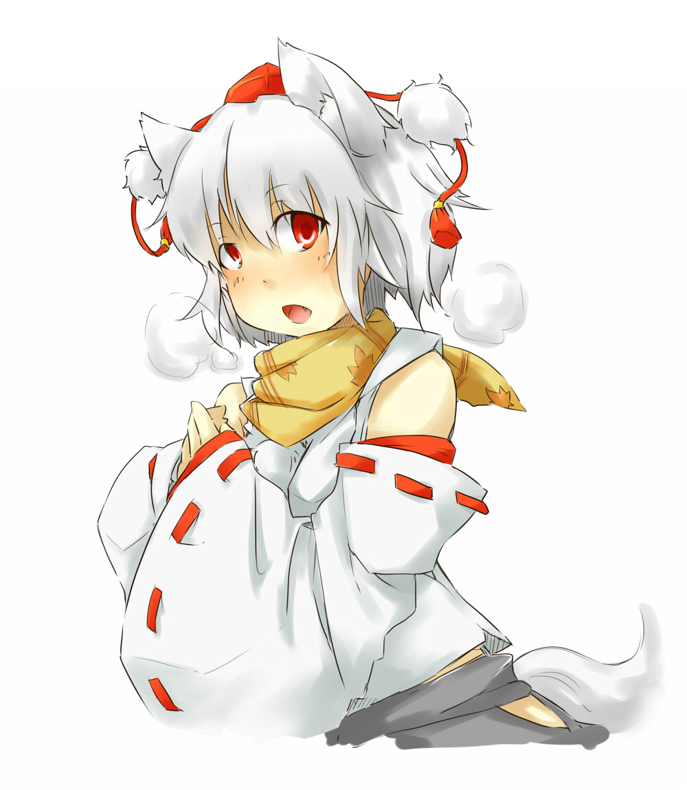 animal_ears ayyh bad_id bad_pixiv_id blush breath detached_sleeves fang hat inubashiri_momiji looking_at_viewer open_mouth red_eyes scarf short_hair silver_hair simple_background skirt solo tail tassel tokin_hat touhou white_background wolf_ears wolf_tail