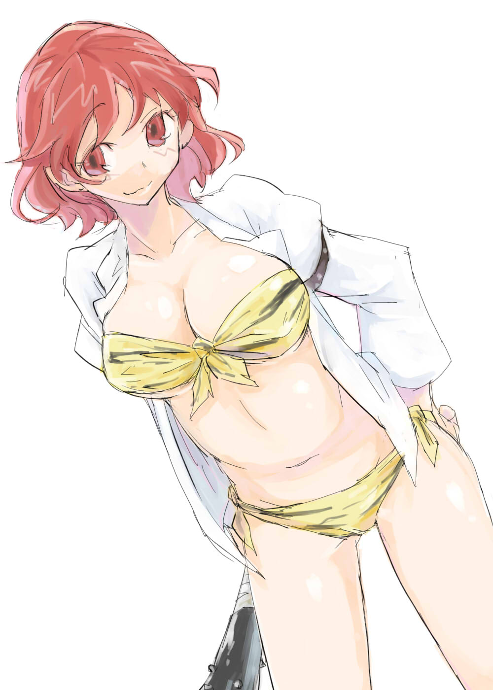 animal_print bandeau bikini breasts cleavage cosplay front-tie_top highres horikawa_raiko juliet_sleeves large_breasts long_sleeves looking_at_viewer midriff navel oni open_clothes open_shirt puffy_sleeves red_eyes red_hair sape_(saperon_black) shiny shiny_skin shirt side-tie_bikini simple_background smile smirk solo swimsuit tiger_print tiger_stripes touhou white_background