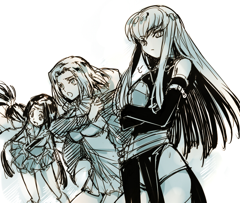 c.c. circlet code_geass creayus crossed_arms kallen_stadtfeld lineup long_hair monochrome multiple_girls short_hair sidelocks sketch sumeragi_kaguya