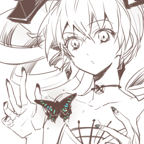 :o animal antennae bad_id bad_pixiv_id bare_shoulders bug butterfly choker collarbone fingernails flying hair_between_eyes insect jaenbba lantern lowres monochrome palms simple_background solo spot_color tsurime upper_body white_background wings