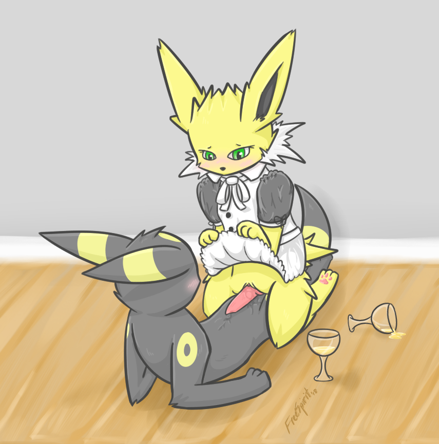 alcohol animal_genitalia anime barefoot beverage black_fur black_nose blush canine canine_penis clothed clothing cowgirl_position ear_markings eeveelution erection facial_markings female feral feral_on_feral freebre fur green_eyes hindpaw holding inside jolteon knot lifting_skirt looking_down lying maid_uniform male mammal markings nintendo nude on_top paws penis pink_penis pok&#233;mon pok&eacute;mon precum pussy pussy_juice rubbing sex skirt skirt_lift straddling straight umbreon video_games white_fur yellow_fur