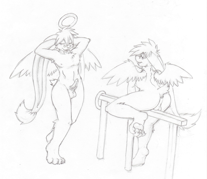 angel anthro anus arms_behind_head balls big_ears butt claws erection eyewear fur glasses hair halo looking_at_viewer male nipples nude oonzucht packmind penis pinup plain_background pole pose presenting presenting_hindquarters showing_off sketch solo standing steele_ferrum toe_claws vein white_background wings