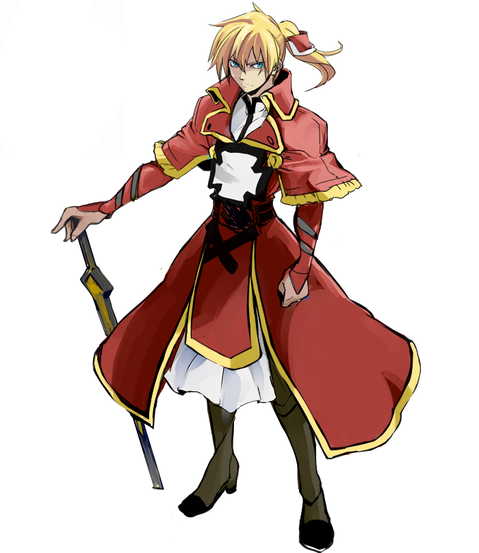 alternate_color blonde_hair blue_eyes bridal_gauntlets capelet da_panda greaves guilty_gear guilty_gear_xrd ky_kiske male_focus planted_sword planted_weapon player_2 ponytail solo sword weapon