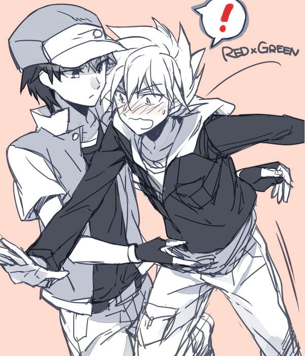 2boys bad_id bad_pixiv_id blush character_name jaenbba male_focus monochrome multiple_boys ookido_green open_mouth pokemon red_(pokemon) red_(pokemon_rgby) simple_background spoken_exclamation_mark spot_color