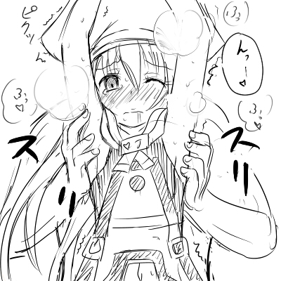 armpits blush full-face_blush grabbing grabbing_from_behind greyscale guilty_gear lowres may_(guilty_gear) monochrome one_eye_closed ponkotsu sketch smell solo_focus wince