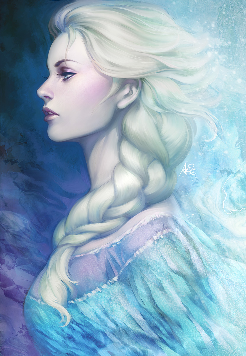 blonde_hair braid breasts dress elsa_(frozen) eyeshadow from_side frozen_(disney) hair_over_shoulder highres lips makeup md5_mismatch profile single_braid small_breasts solo stanley_lau upper_body