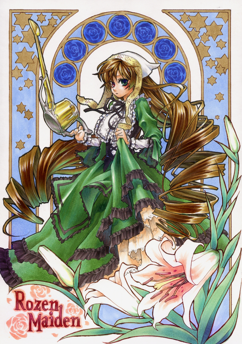 art_nouveau brown_hair commentary_request copyright_name dress drill_hair flower full_body green_dress green_eyes head_scarf heterochromia hitec lily_(flower) long_dress long_hair long_sleeves looking_at_viewer red_eyes rozen_maiden solo suiseiseki twin_drills twintails very_long_hair watering_can window