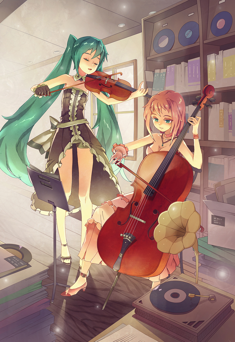 blonde_hair choker closed_eyes double_bass dress gloves green_eyes green_hair hatsune_miku highres instrument jewelry lascalis long_hair multiple_girls music music_stand necklace phonograph playing_instrument record short_hair single_glove sitting twintails very_long_hair violin vocaloid window