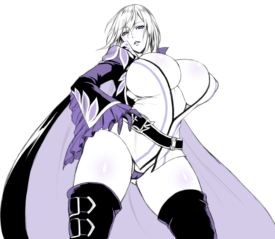 breasts bursting_breasts curvy genderswap hand_on_hip huge_breasts monochrome richard_(tales_of_graces) shiny shiny_skin short_hair tales_of_(series) tales_of_graces thighs usaginagomu