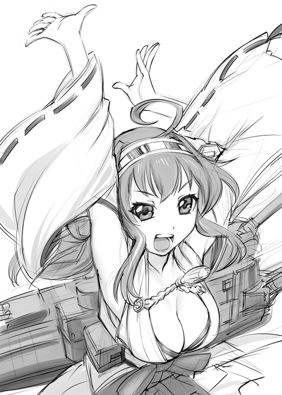 ahoge arms_up breasts cleavage greyscale hairband japanese_clothes kantai_collection kongou_(kantai_collection) large_breasts long_hair monochrome open_mouth smile solo ueyama_michirou