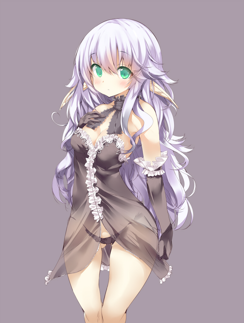 bad_id bad_pixiv_id bare_shoulders blush breasts cleavage elbow_gloves gloves green_eyes grey_background large_breasts lingerie long_hair noto_kurumi original panties pointy_ears purple_hair see-through simple_background solo underwear