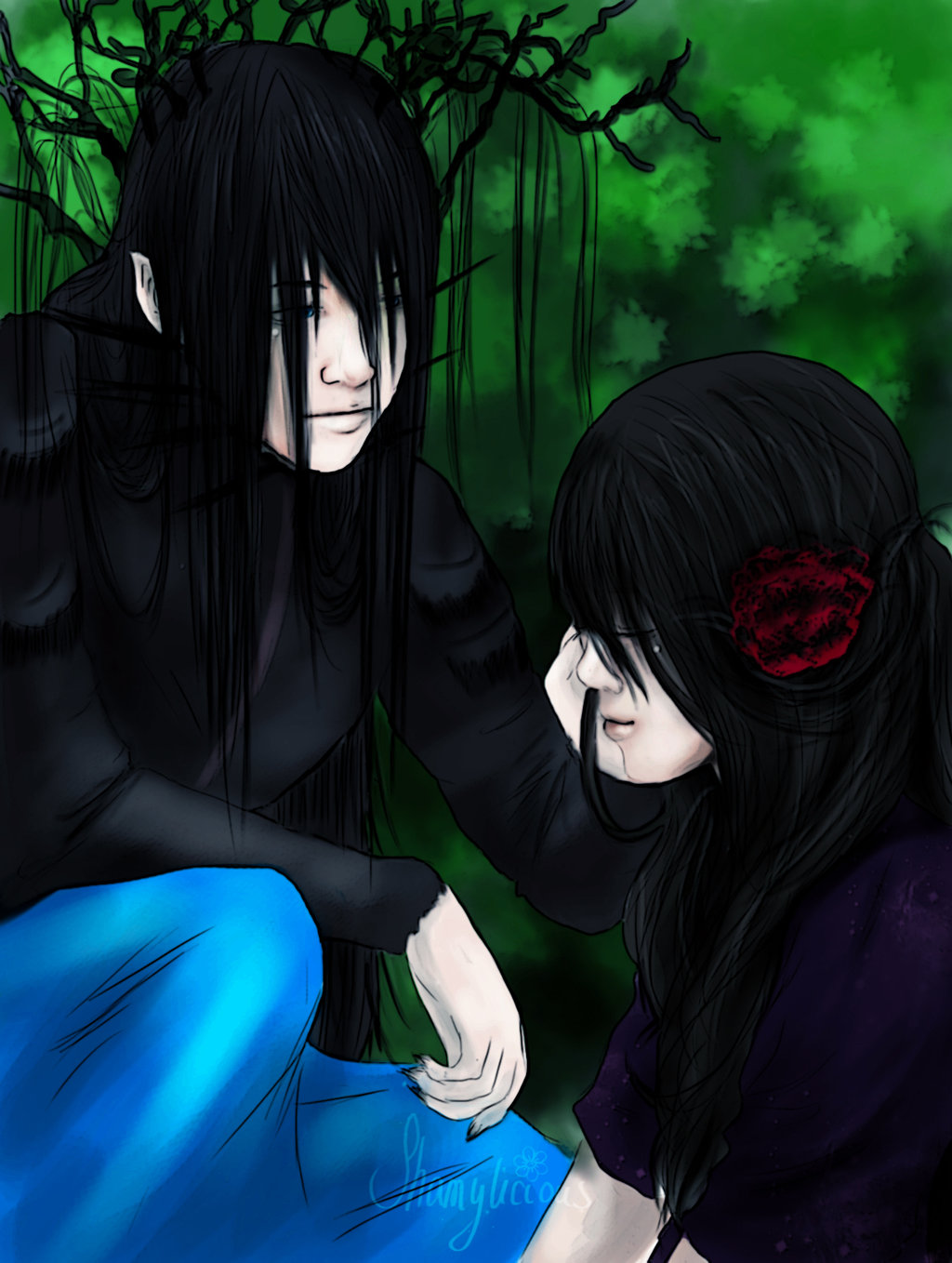 background black_hair branch branches canth canth_(mirage_noir) couple flower highres mirage_noir rose tears