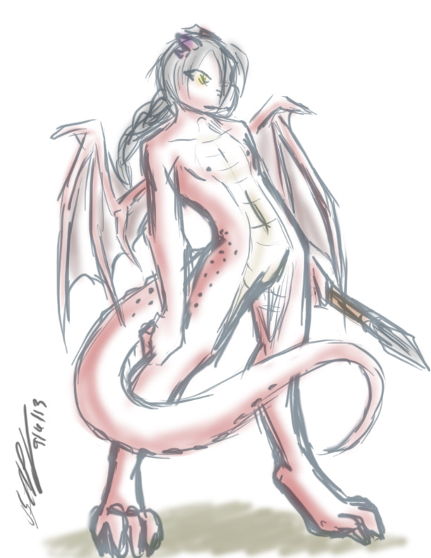 anthro black_hair braid breasts claws cub dragon female flat_chested hair horn invalid_tag koshkio nude polearm red_skin scales scalie sketch small_breasts small_chest spear spots sriah standing the_clan tribal wings young