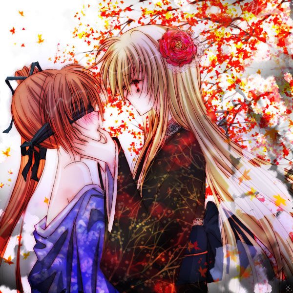 autumn_leaves bare_shoulders blindfold blonde_hair blush branch fate_testarossa finger_in_mouth flower hachikei hair_flower hair_ornament hand_on_another's_cheek hand_on_another's_face japanese_clothes kimono leaf long_hair long_sleeves looking_at_another lyrical_nanoha mahou_shoujo_lyrical_nanoha_strikers multiple_girls no_mouth off_shoulder ponytail red_eyes red_hair side_ponytail sidelocks takamachi_nanoha tree yuri