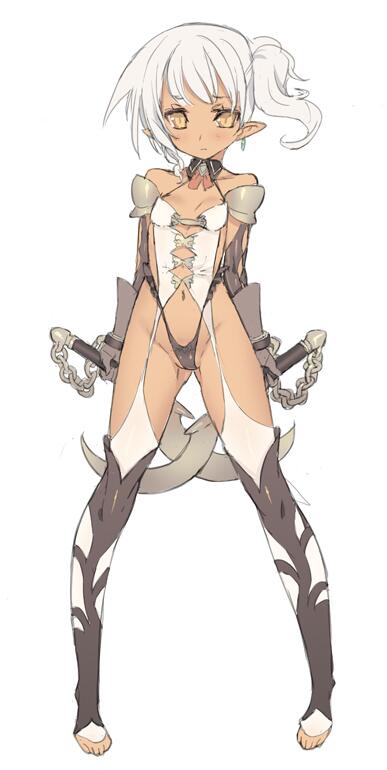 armor arms_behind_back bangs bare_shoulders barefoot blade blade_(galaxist) blush breasts chain cuffs detached_collar detached_sleeves dual_wielding earrings frilled_panties frills full_body g-string garter_straps gloves groin highleg highleg_panties holding jewelry looking_at_viewer navel orange_eyes original panties pauldrons petite pointy_ears ponytail short_hair simple_background small_breasts solo standing thighhighs thong toeless_legwear underwear white_hair
