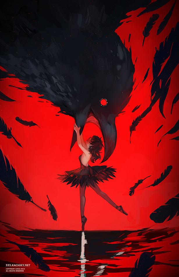 animal bad_id bad_pixiv_id ballerina bird black_hair commentary_request dress feathers loika oversized_animal plantar_flexion princess_tutu raven_(animal) red_background red_eyes reflection rue_(princess_tutu) solo strapless strapless_dress