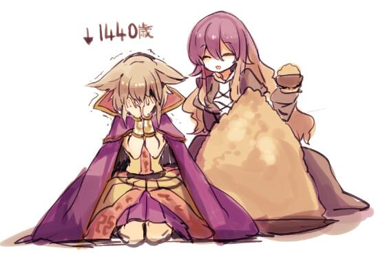 bad_id bad_twitter_id beans blonde_hair bowl bracelet brown_hair cape cis_(carcharias) closed_eyes commentary covering_face crying dress earmuffs gradient_hair hijiri_byakuren jewelry kneeling layered_dress long_hair long_skirt long_sleeves multicolored_hair multiple_girls open_mouth plate purple_hair setsubun short_hair skirt sleeveless smile touhou toyosatomimi_no_miko translated trembling